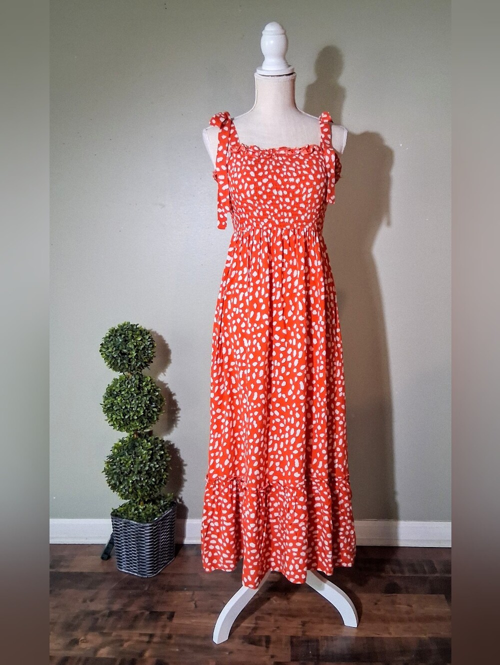 Authentic Vintage Polka Dot Tube Top Dress, Tie Sashes, Smocked Top